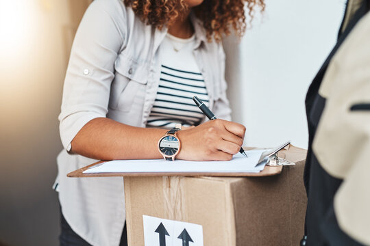 Woman, hands and signature on checklist for ecommerce, delivery and shipment arrival for order fulfillment. Customer, courier person and writing on clipboard for confirmation and service protocol.