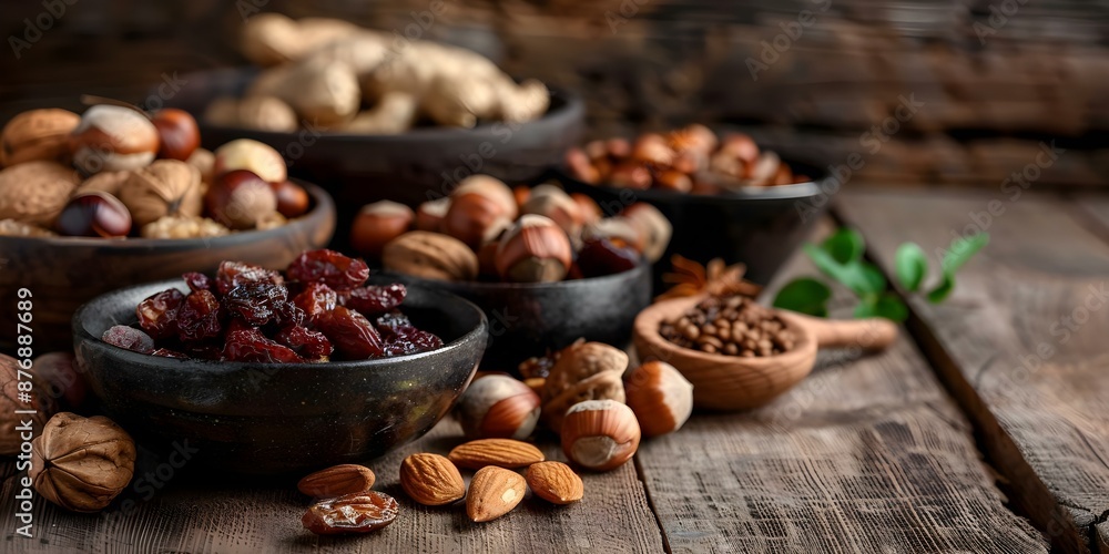 Aufkleber still life rustic table display with vibrant dried fruits and assorted nuts. concept rustic table di