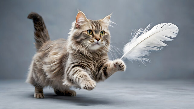 A playful kitten, cat pouncing on a feather, eyes wide with excitement and mischief