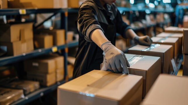 Packing and sealing cardboard boxes in a warehouse for shipping
