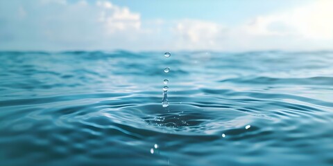 Water Droplet Falling into Blue Ocean Background to Celebrate World Water Day. Concept World Water Day, Water Conservation, Environmental Awareness, Blue Ocean, Water Droplets