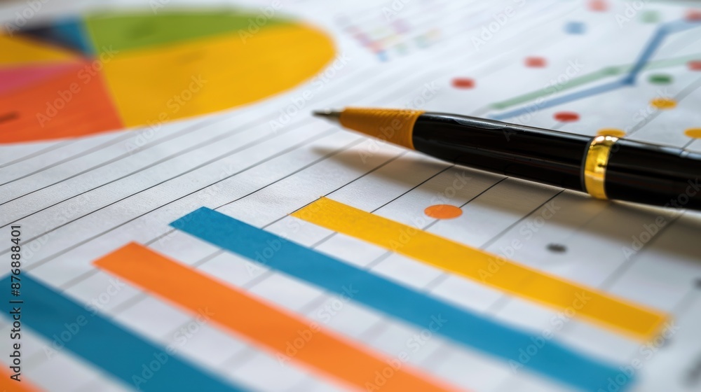 Aufkleber close-up of colorful charts and graphs with a pen on a financial report, illustrating business analy