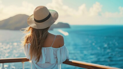 Fototapeta premium A woman wearing a hat enjoys the view from a cruise ship deck, capturing the essence of a serene and relaxing vacation.