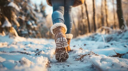 Close-up of a person walking in a snowy forest trail, emphasizing the winter adventure and serene nature experience.