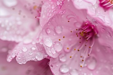 Fototapeta premium The glistening surface of a rain-soaked cherry blossom petal, Generative AI