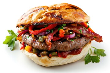 Hamburger with recipe Light Brioche Hamburger Buns, Beef fajitas. Grilled Prime Quality Beef, Stewed Peppers, crispy bacon slices, crispy fried Onions, white background