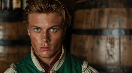 Fototapeta premium Intense gaze of a young man with striking blue eyes