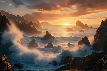 Dramatic ocean waves crash against rocky cliffs at sunset, creating an awe-inspiring seascape.