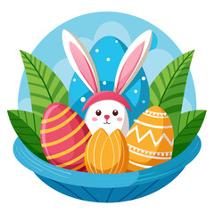 Charming Easter Card Template Easter Eggs in Nest with Rabbit Ears on flat Background