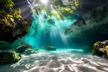 Sunlight filters through turquoise waters in underwater cave, illuminating sandy bottom and rocks.