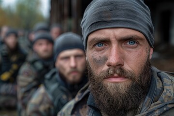 Fototapeta premium Rugged soldier with beard and intense gaze