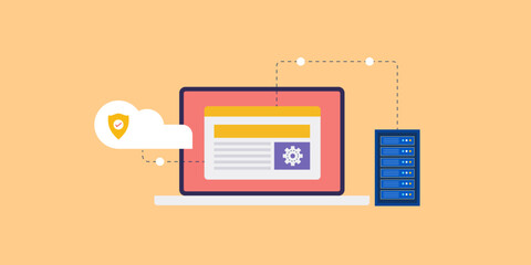 Web hosting technology cloud computing with data storage, managed server vector illustration.