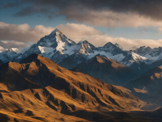 Obraz premium Highlight majestic mountain ranges with snow-capped peaks.