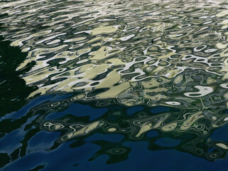 Abstract dark blue water reflex background. Reflection and abstract inspection elements in water. Yellow elements distorted in the lake. Rippled water texture. Disordered water surface. Water layout.
