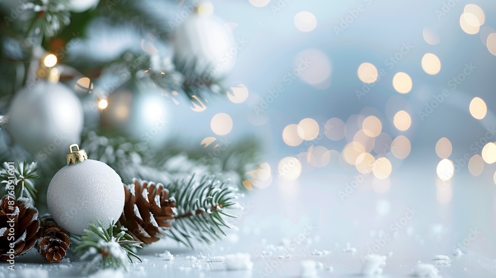 Poster christmas tree branches with blurred bokeh background and space for text. new year card template. ch