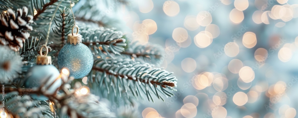 Poster christmas tree branches with blurred bokeh background and space for text. new year card template. ch