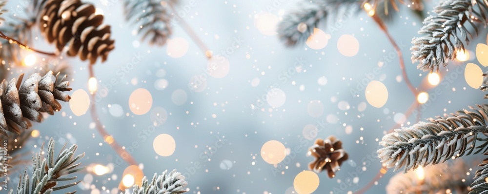 Poster christmas tree branches with blurred bokeh background and space for text. new year card template. ch