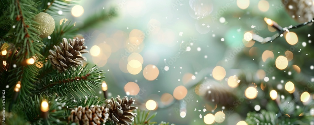 Poster christmas tree branches with blurred bokeh background and space for text. new year card template. ch