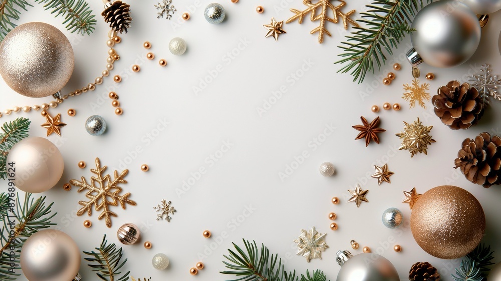 Poster frame of fir branches and decorations with background and place for text. new year card template. ch