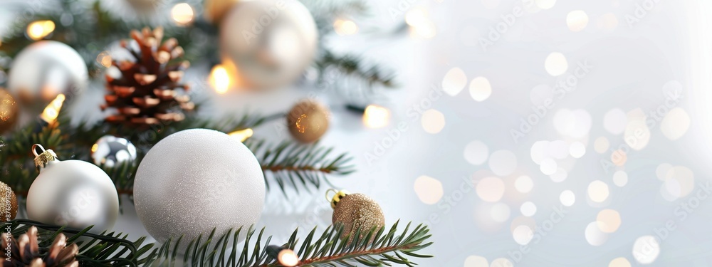 Poster christmas tree branches with blurred bokeh background and space for text. new year card template. ch