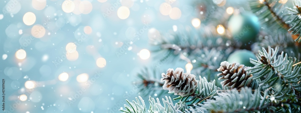 Poster christmas tree branches with blurred bokeh background and space for text. new year card template. ch