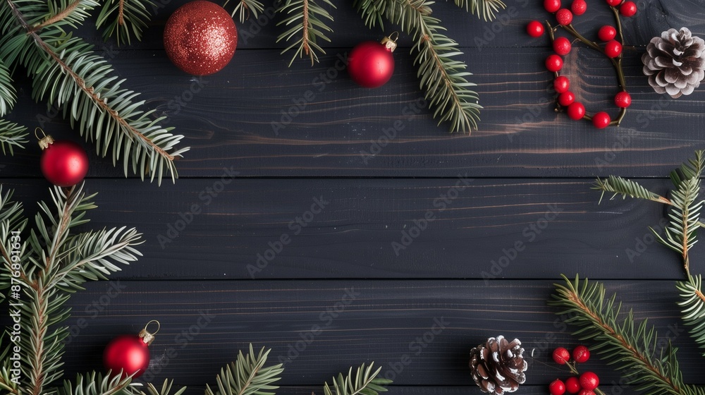 Poster frame of fir branches and decorations with background and place for text. new year card template. ch