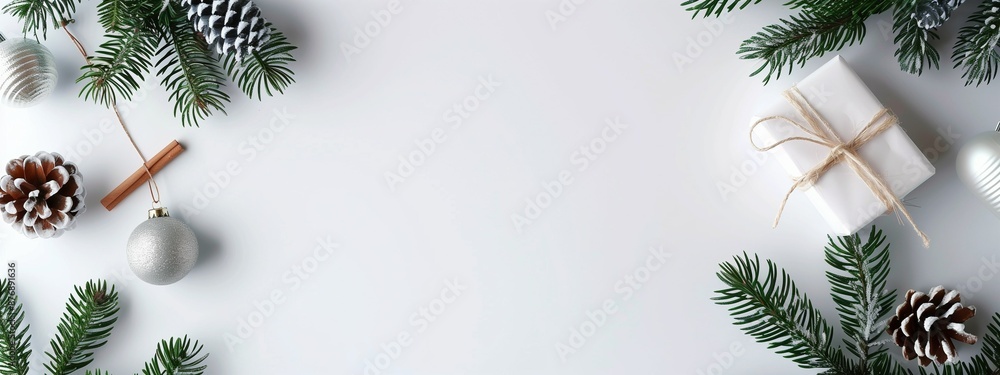 Poster frame of fir branches and decorations with background and place for text. new year card template. ch