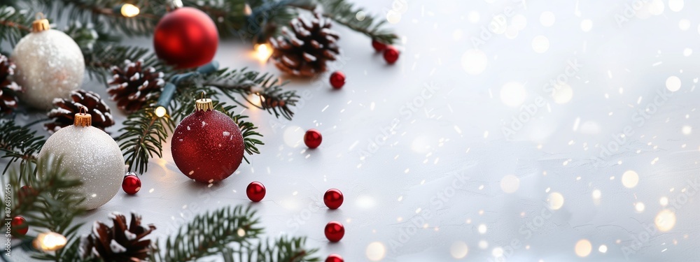Poster frame of fir branches and decorations with background and place for text. new year card template. ch