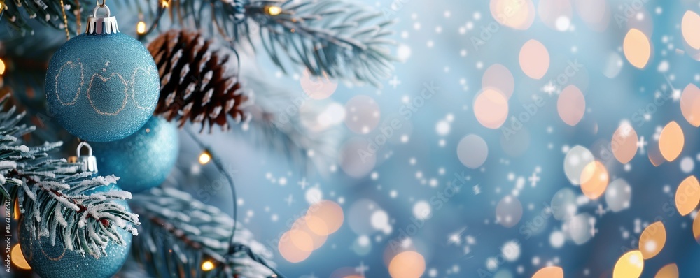 Poster christmas tree branches with blurred bokeh background and space for text. new year card template. ch