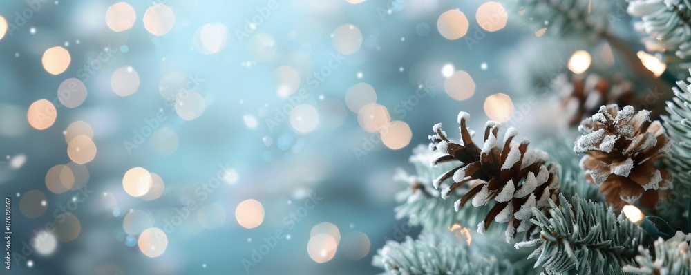 Poster christmas tree branches with blurred bokeh background and space for text. new year card template. ch