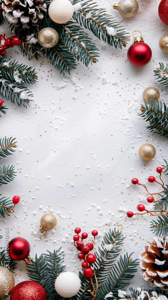Poster frame of fir branches and decorations with background and place for text. new year card template. ch