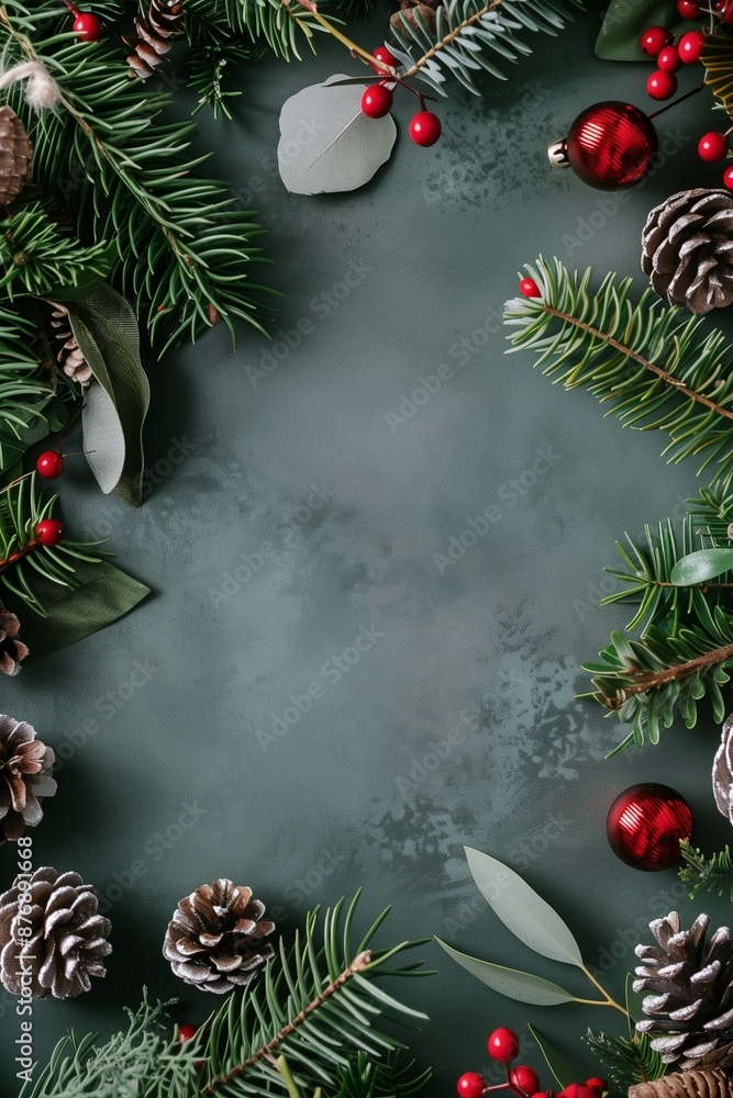 Poster frame of fir branches and decorations with background and place for text. new year card template. ch