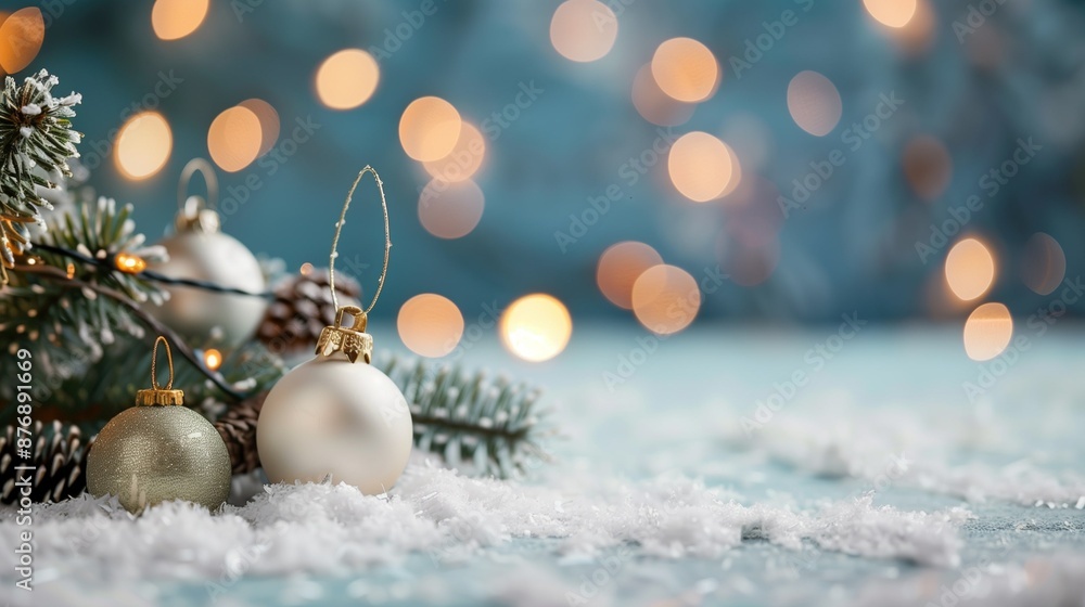 Poster christmas tree branches with blurred bokeh background and space for text. new year card template. ch