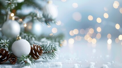 Obraz premium Christmas tree branches with blurred bokeh background and space for text. New Year card template. Christmas card template. Border, winter poster for invitations