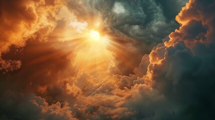 Fototapeta premium Sunrise Breaking Through Dark Clouds. A stunning image capturing the moment when the sun breaks through dark, stormy clouds, casting a warm golden light across the sky.