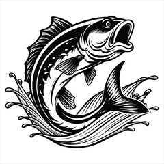 coloring book Big Bass Fish Sport Splash River vector art illustration