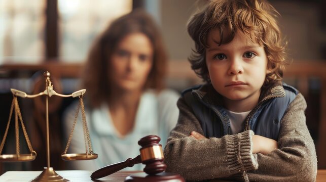 Cute child and mother at table with gavel of judge blurred in background, family law concept