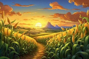 Sunset cornfield landscape agriculture grassland.