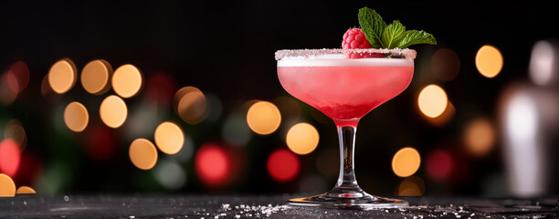 Cocktail glass with red  berries and Christmas decorations on dark background. Christmas and New Year festive concept. Template for greeting card, invitation, banner with copy space.