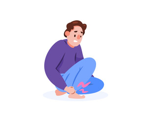 illustration of a man feeling pain in his legs when squatting. pain in the ankle. injury or sprain. bone and joint health problems. facial expressions. flat style character design. graphic elements