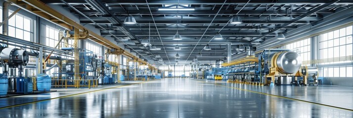 Interior of large-scale industrial manufacturing plant with automated systems, efficient production processes. Industry technology.