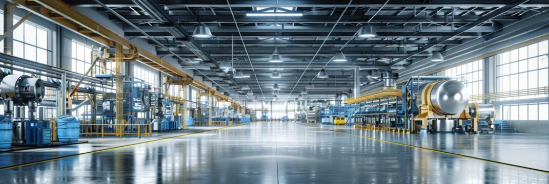 Interior of large-scale industrial manufacturing plant with automated systems, efficient production processes. Industry technology.