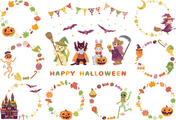 ハロウィーン　仮装をした動物たち　イラスト素材　丸フレームセット