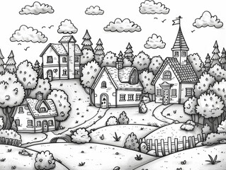 Naklejka premium Page for coloring book with lots of houses. Small cute city in doodle style.