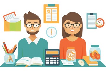 Flat design illustration of a budget planning session with a couple reviewing their finances. The scene includes icons of bills, calculators, and savings jars, highlighting the importance of joint