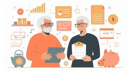 Flat design illustration of retirement planning with an elderly couple reviewing their retirement fund. The scene includes icons of piggy banks, retirement accounts, and future plans, illustrating