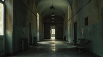 The long corridor of an abandoned hospital, with cracked walls and peeling paint, illuminated by the soft glow from one window at its end.