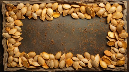 Pumpkin Seeds on Rustic Background with Copy Space, Autumn Harvest Concept