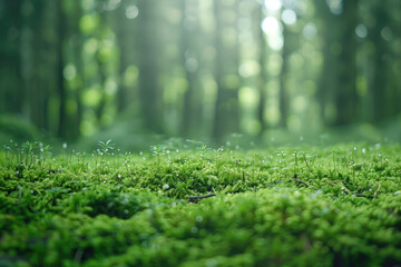 Naklejka premium Close-up of lush green moss growing on the forest floor with blurred trees in the background.
