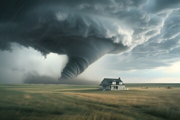 Fototapeta premium A powerful tornado approaches a solitary farmhouse in an open field under a dark, stormy sky.